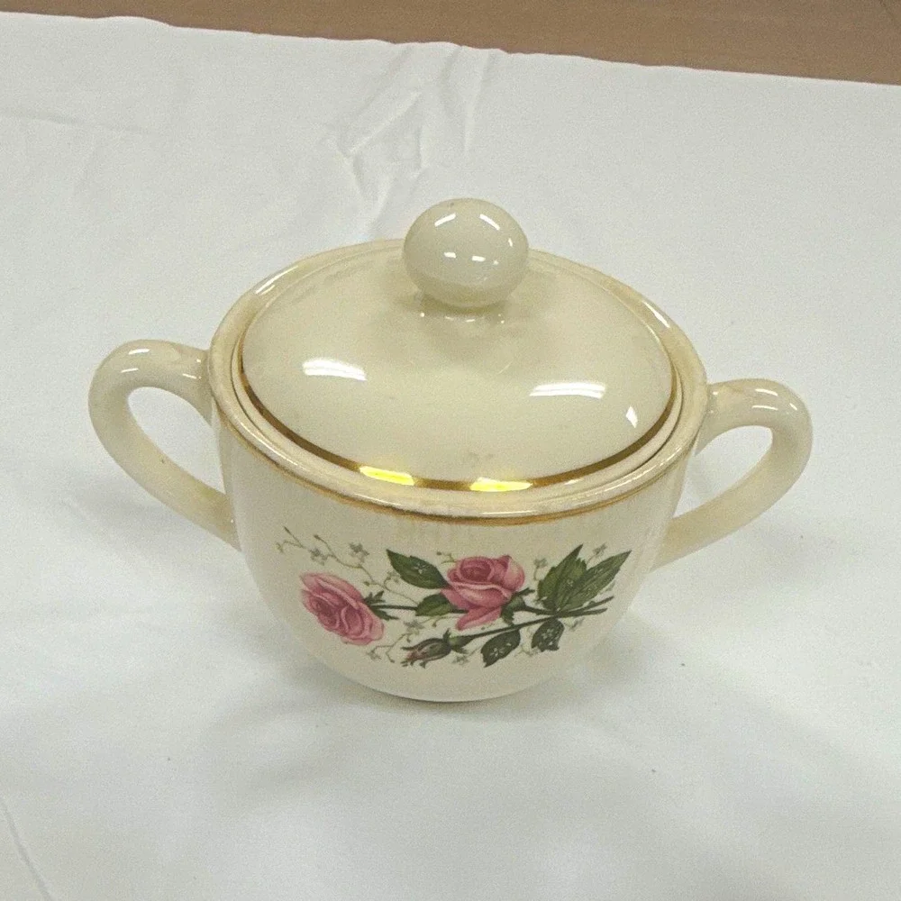Ceramic Floral Sugar Bowl w/ Lid & Handles Beige Pink Roses Gold Trim